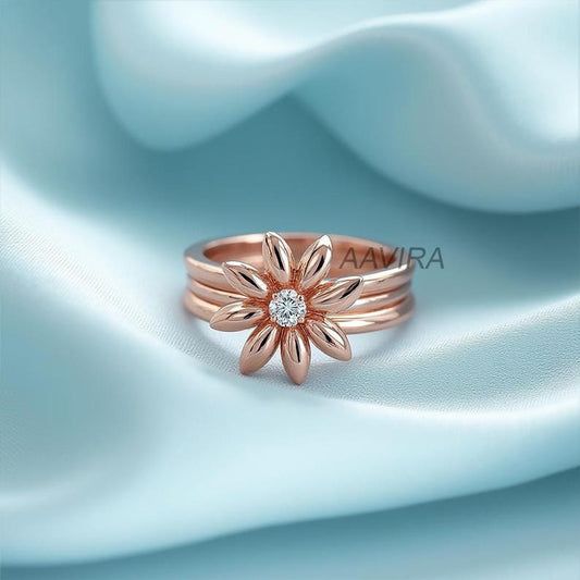 Flower Diamond Ring, Moissanite Solitaire Ring, Unique Stacking Ring, 14k Rose Gold Flower Engagement Ring, Daisy Engagement Cocktail Ring