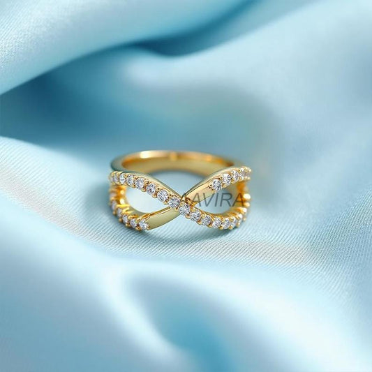 Moissanite Criss Cross Ring, 14kt Yellow Gold Plated, X-Shaped Pave Wedding Band, Crossover Eternity Ring, Stackable Anniversary Gift