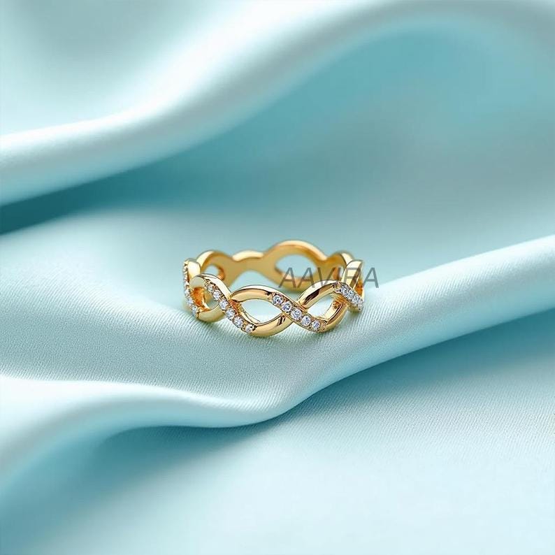 Interwoven Infinity Moissanite Ring, 14kt Yellow Gold Delicate Promise Ring, Forever Love Wedding Band, Stackable Anniversary Gift