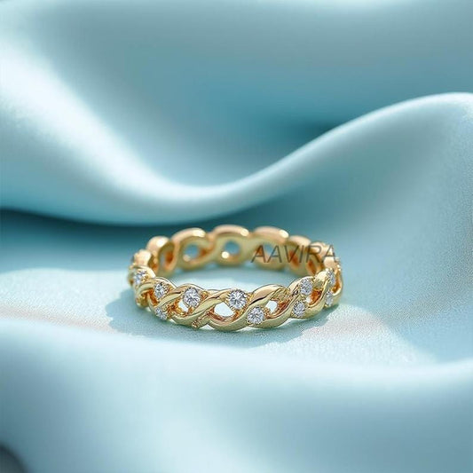 Wave Eternity Moissanite Ring, 14kt Yellow Gold Plated, Alternating Link Wedding Band, Unique Pave Ring for Her, Stackable Anniversary Gift