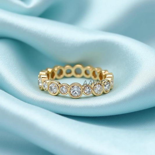 Alternating Moissanite Eternity Band, 14kt Yellow Gold Plated, Mixed Size Bezel Set Wedding Band, Unique Anniversary Ring, Bridal Ring
