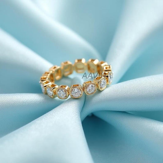 Square Cut Eternity Ring, Round Brilliant Cut 14K Yellow Gold, Bezel Set Moissanite Wedding Band, Dainty Stacking Ring, Anniversary Gift