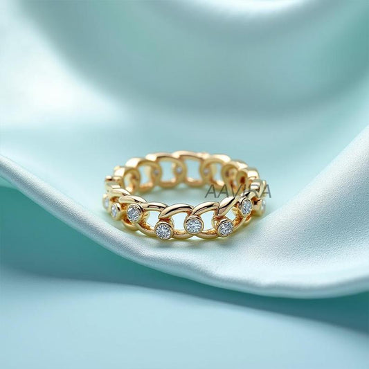 Bezel Set Eternity Moissanite Ring, Diamond Wedding Band, Unique Wedding Handmade Jewelry, Dainty Anniversary Gift, Chain Link Style Ring