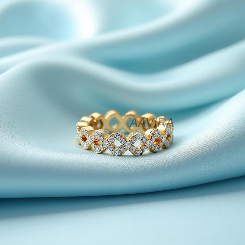 Unique Infinity Ring, Moissanite Diamond Band, 14k Gold Wedding Band, Stacking Band, Perfect Gift for Anniversary, Pave Set Handmade Ring