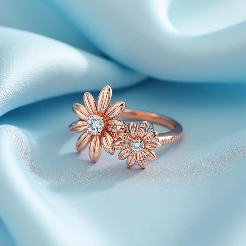 14k Rose Gold Dual Flower Moissanite Ring, Floral Diamond Ring, Flower Jewelry, Nature Inspired Floral Statement Ring, 2 Stone Diamond Ring