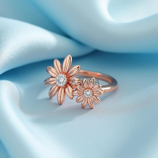 14k Rose Gold Dual Flower Moissanite Ring, Floral Diamond Ring, Flower Jewelry, Nature Inspired Floral Statement Ring, 2 Stone Diamond Ring