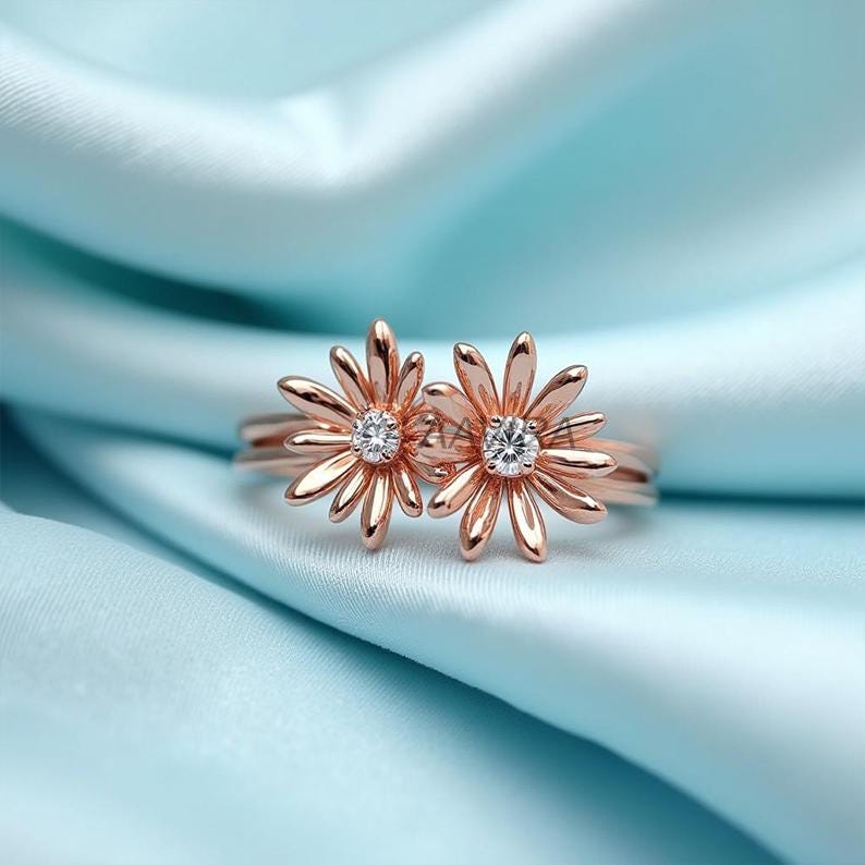 Two Stone Floral Ring, Unique Flower Ring, Moissanite Ring, Nature Inspired Jewelry, Daisy Promise Ring, 14k Rose Gold Women's Diamond Ring