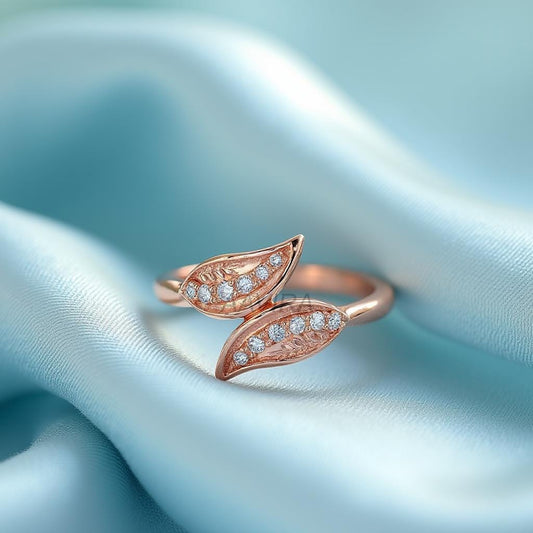 Women's Diamond Ring, Dainty Cubic Zirconia Open Ring, Rose Gold Leaf Wrap Ring, Modern Minimalist Jewelry, Everyday Wear, Gift for Women