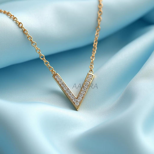 V Necklace, V Shape Bar Necklace, 14K Gold Initial Letter Pendant, Pave Set Diamond Pendant, Personalized Jewelry, Custom Alphabet Necklace