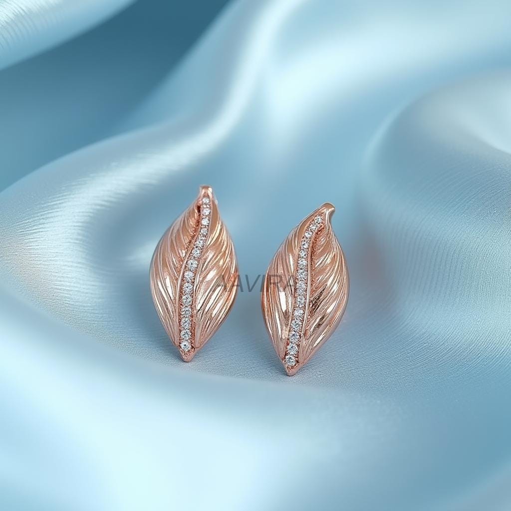 Women's Diamond Stud Earrings, Leaf Jewelry, Stud Earrings, Leaves Shape Earrings, Minimalist Stud Earring, 14k Rose Gold Earring for Bridal