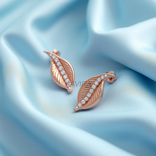 Unique Diamond Leaf Design Earrings, Moissanite Earrings, Nature Inspired Jewelry, Modern Stud Earrings, 14k Rose Gold Leaf Earrings for Her