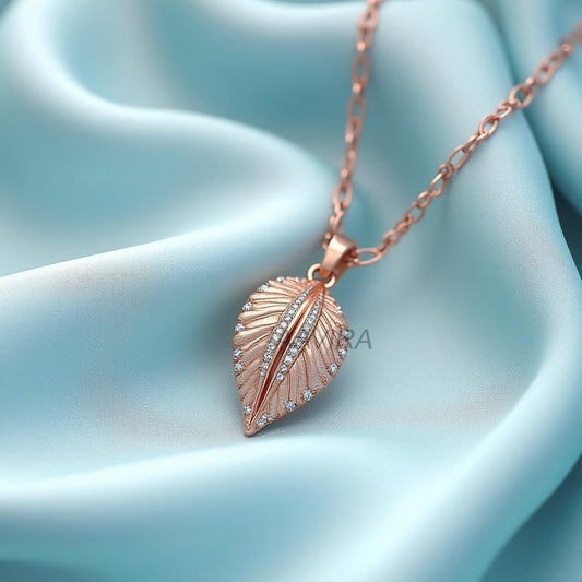 Leaves Necklace | 14K Rose Gold Necklace | Dainty Pendant | Minimalist Modern Jewelry | Engraved Leaf Pave CZ | Gift for Mom, Girlfriend