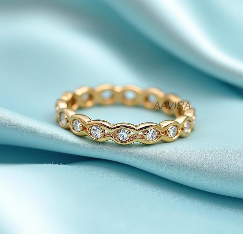 Moissanite Scalloped Ring ƒ?› 14K Yellow Gold Wave Band ƒ?› Diamond Promise Ring ƒ?› Minimalist Anniversary Ring ƒ?› Dainty Diamond Ring