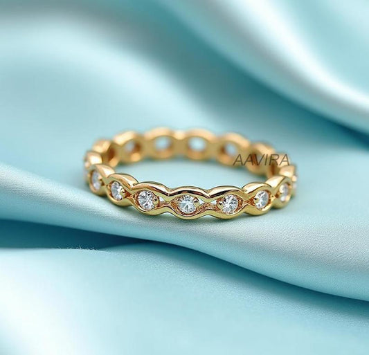 Moissanite Scalloped Ring ƒ?› 14K Yellow Gold Wave Band ƒ?› Diamond Promise Ring ƒ?› Minimalist Anniversary Ring ƒ?› Dainty Diamond Ring