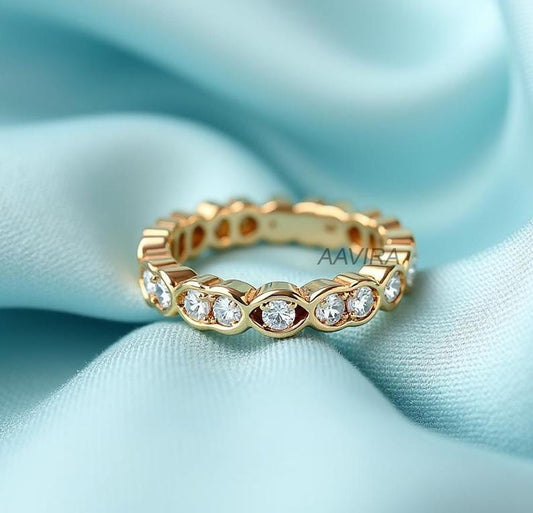 Unique Wedding Ring ƒ?› Eye Shape Wedding Band ƒ?› Dainty Moissanite Stacking Ring ƒ?› 14K Gold Anniversary Gift for Her ƒ?›Moissanite Eternity Ring
