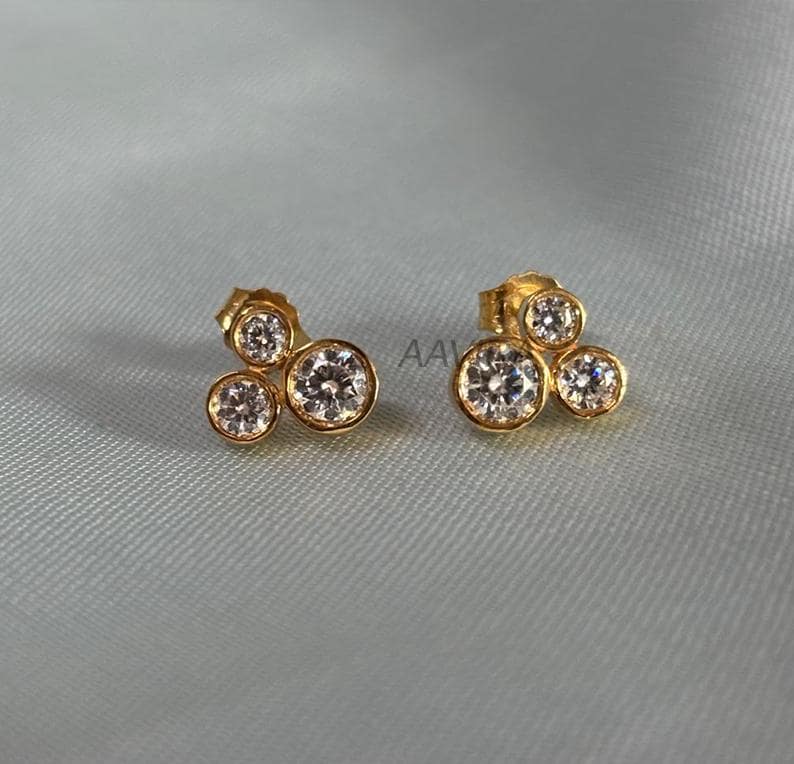 Bezel Set Diamond Stud Earrings For Her, Round Cut Stud Earrings, Three Stone Diamond Earrings, 14K Yellow Gold Plated, Earrings For Women