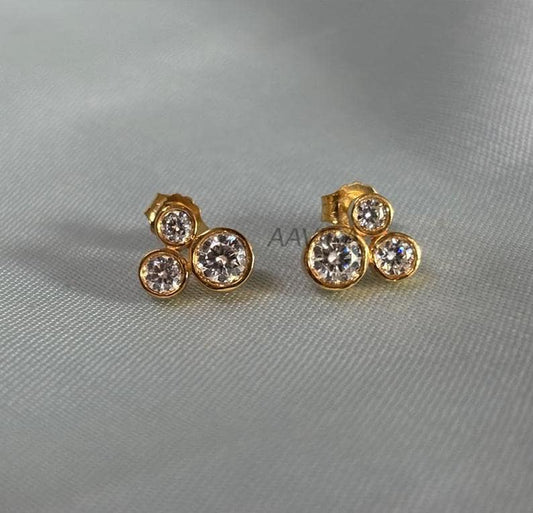 Bezel Set Diamond Stud Earrings For Her, Round Cut Stud Earrings, Three Stone Diamond Earrings, 14K Yellow Gold Plated, Earrings For Women