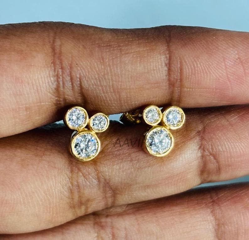 Bezel Set Diamond Stud Earrings For Her, Round Cut Stud Earrings, Three Stone Diamond Earrings, 14K Yellow Gold Plated, Earrings For Women