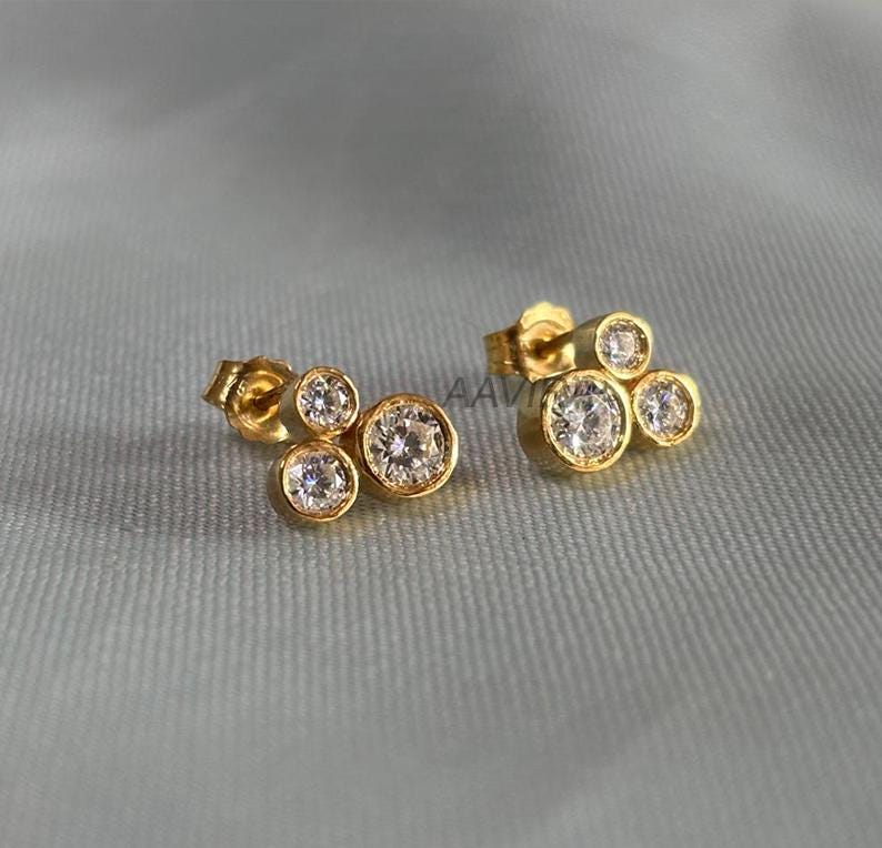 Bezel Set Diamond Stud Earrings For Her, Round Cut Stud Earrings, Three Stone Diamond Earrings, 14K Yellow Gold Plated, Earrings For Women