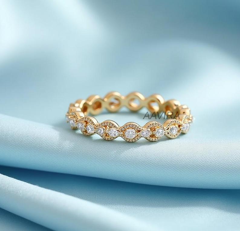 Unique Round Wedding Ring, Round Cut Diamond Engagement Moissanite Band, Full Eternity Ring, Stacking Ring, Delicate 14k Gold Eternity Band