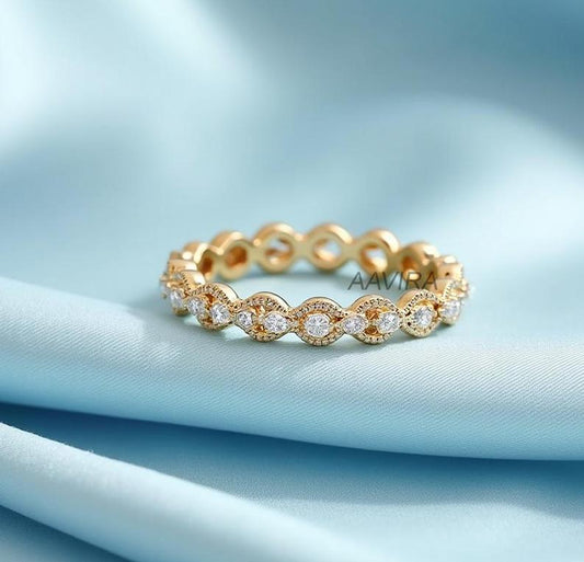 Unique Round Wedding Ring, Round Cut Diamond Engagement Moissanite Band, Full Eternity Ring, Stacking Ring, Delicate 14k Gold Eternity Band