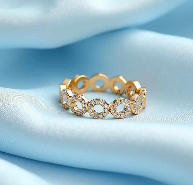 Round Cut Pave Set Diamond Ring, 14k Yellow Gold Circle Eternity Ring, Circle Ring, Stacking Eternity Ring, Anniversary Gift, Women's Gift
