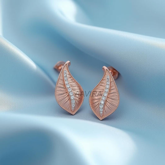 14k Rose Gold Leaf Earrings, Dainty Diamond Studs, Cubic Zirconia Earrings, Nature Inspired Jewelry, Elegant Wedding Earrings, Stud Earrings