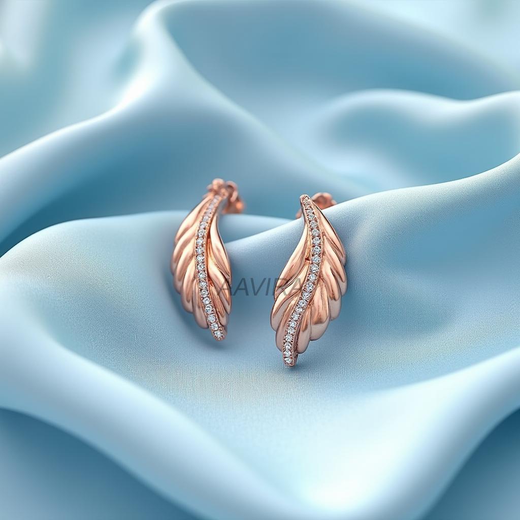 Leaf Dangle Earrings In 14K Rose Gold, Feather Earrings, Dainty Diamond Drop Dangle Earrings, Handmade Jewelry, Birthday Gift
