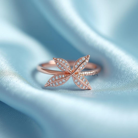 Rose Gold Four Leaf Clover Ring, CZ Flower Ring, Dainty Minimalist Ring, Sparkly Botanical Jewelry, Leaf Cluster Ring, Lucky Charm Ring
