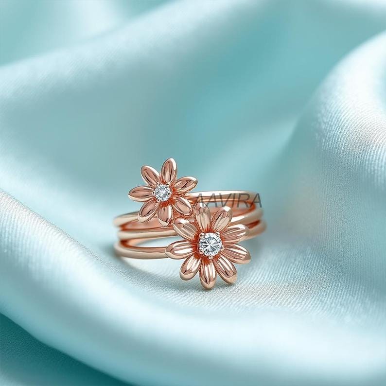 Diamond Floral Design Ring, Unique Flower Diamond Engagement Ring, Promise Ring in 14k Rose Gold, Wedding Jewelry Gift, Gift for Bride, Gift