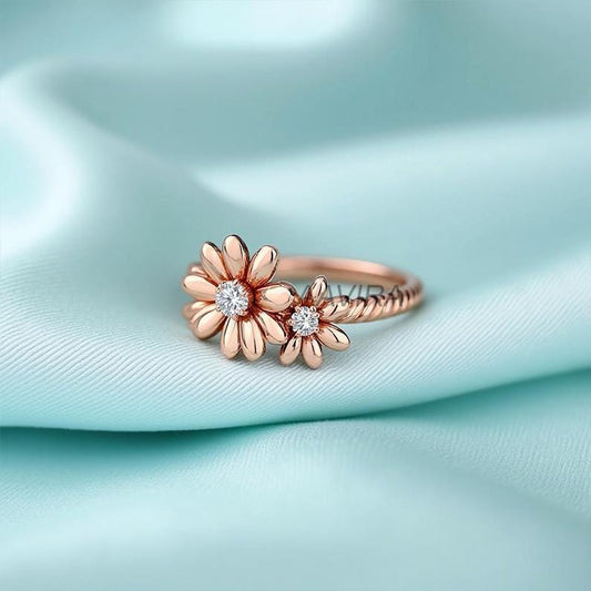 Moissanite Diamond Flower Ring, 14k Rose Gold Delicate Ring, Twisted Band Floral Ring, Anniversary Ring, Gift for Mom, Perfect Gift for Her