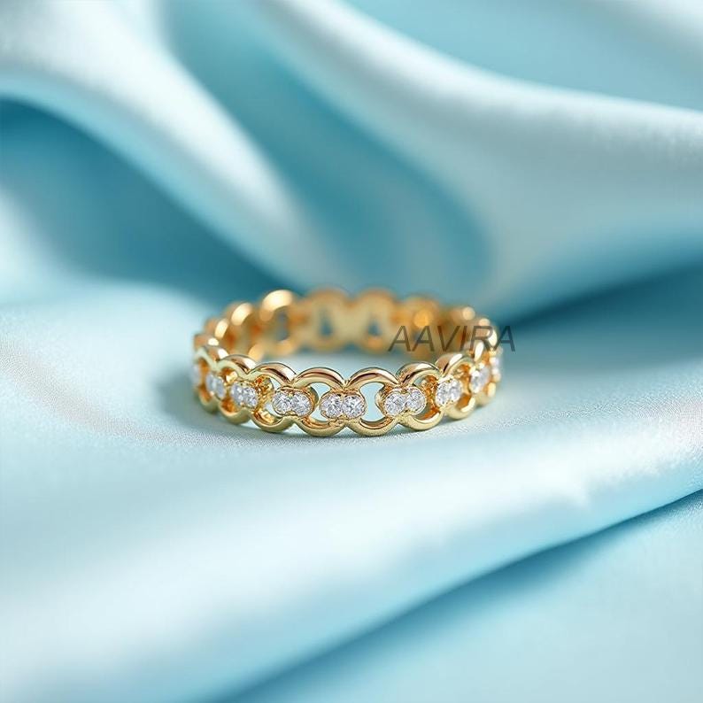 Moissanite Eternity Band, Dainty Stacking Ring, 14K Gold Plated Chain Link Eternity Ring, Wedding Band, Delicate Promise Ring, Gift for Her