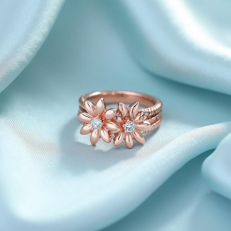 Daisy Engagement Ring, Flower Engagement Wedding Ring, Promise Ring, Two Stone Diamond Ring, Unique Moissanite Flower Ring, Gift for Mom