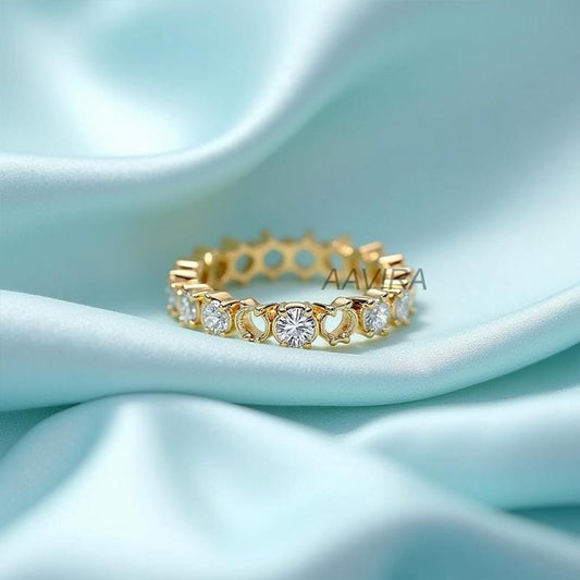Round Cut Wedding Band, 14K Yellow Gold Prong Set Diamond Ring, Half Eternity Ring, Handmade Jewelry, Eternity Band, Moissanite Band Ring