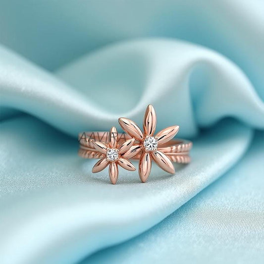 Unique Moissanite Flower Ring, 14k Rose Gold Double Daisy Flower Ring, Twisted Band Floral Ring, Dainty Daisy Promise Ring, Anniversary Gift