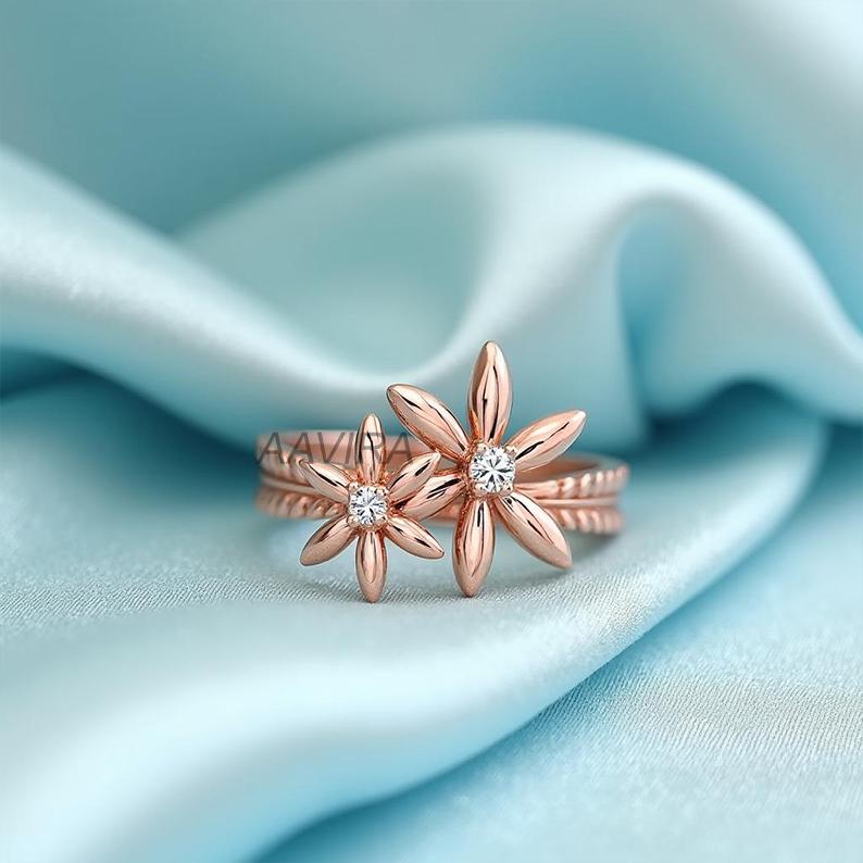 Unique Moissanite Flower Ring, 14k Rose Gold Double Daisy Flower Ring, Twisted Band Floral Ring, Dainty Daisy Promise Ring, Anniversary Gift