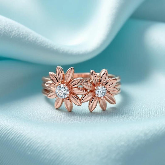 Double Daisy Flower Ring, Moissanite Ring, Band Floral Ring, Promise Ring, Flower Jewelry, Handmade Ring, Two Stone Diamond Ring for Women