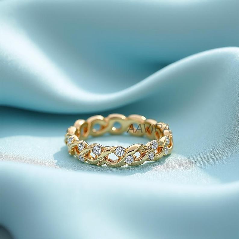 Wave Eternity Moissanite Ring, 14kt Yellow Gold Plated, Alternating Link Wedding Band, Unique Pave Ring for Her, Stackable Anniversary Gift