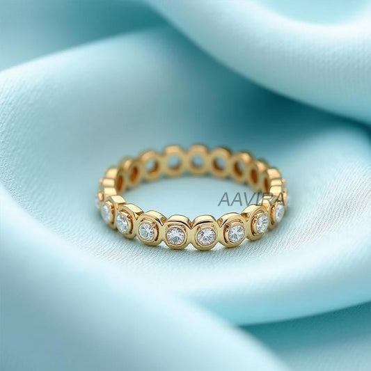Round Brilliant Cut Moissanite Engagement Ring, Wedding Ring for Bridal, 14K Yellow Gold Bezel Set Ring, Dainty Wedding Band, Eternity Ring