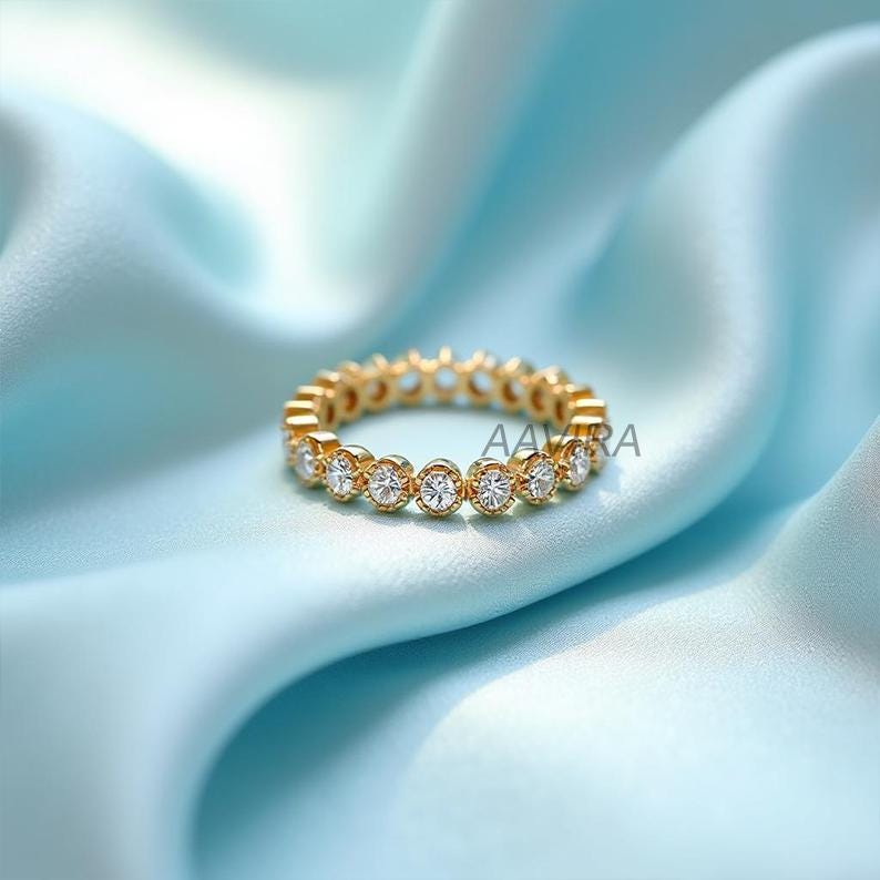 Dainty Moissanite Wedding Band, 14K Yellow Gold Eternity Ring, Stacking Ring, Anniversary Gift for Mom, Unique Wedding Promise Ring