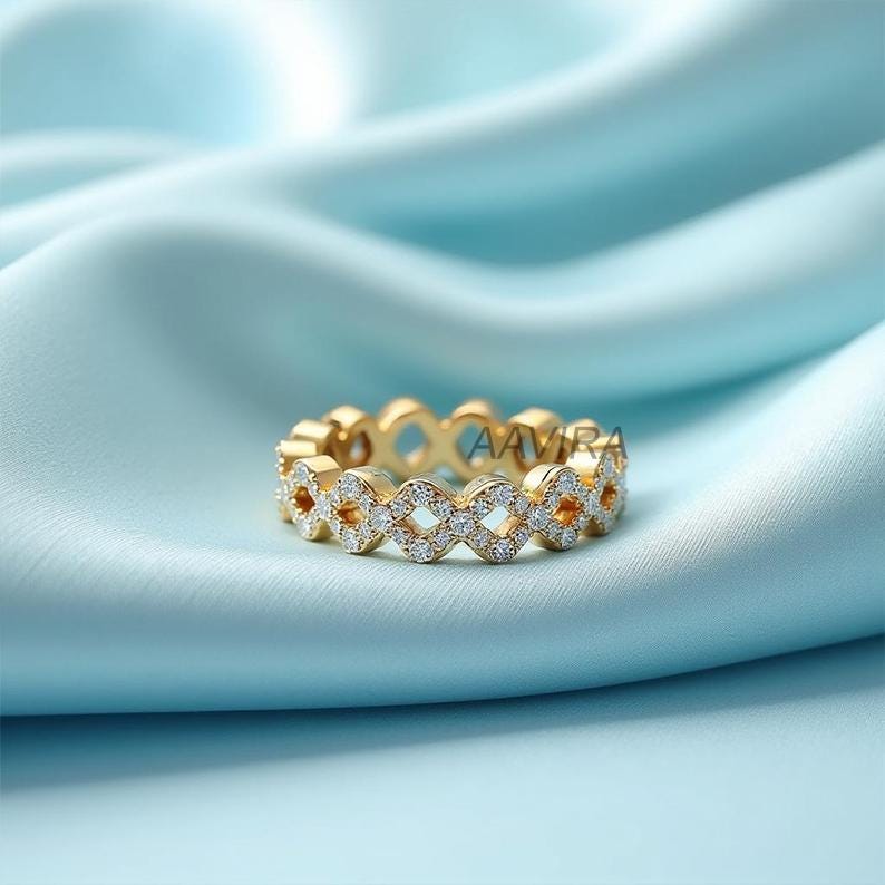 Unique Infinity Ring, Moissanite Diamond Band, 14k Gold Wedding Band, Stacking Band, Perfect Gift for Anniversary, Pave Set Handmade Ring