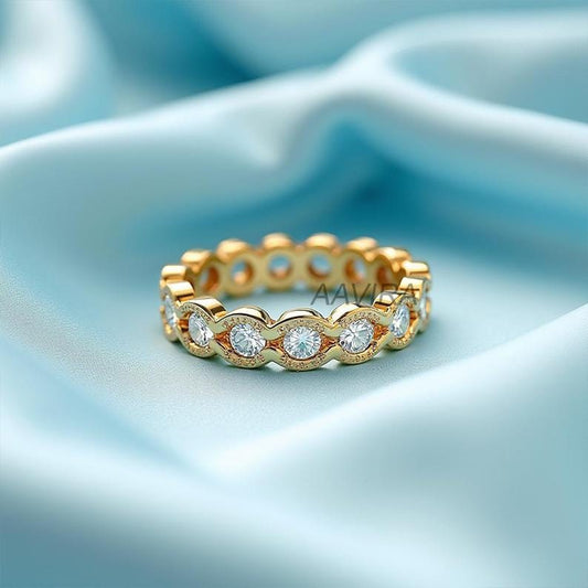 Unique Moissanite Wedding Ring, 14K Yellow Stackable Wedding Band, Modern Anniversary Ring, Eternity Band, Promise Band for Her