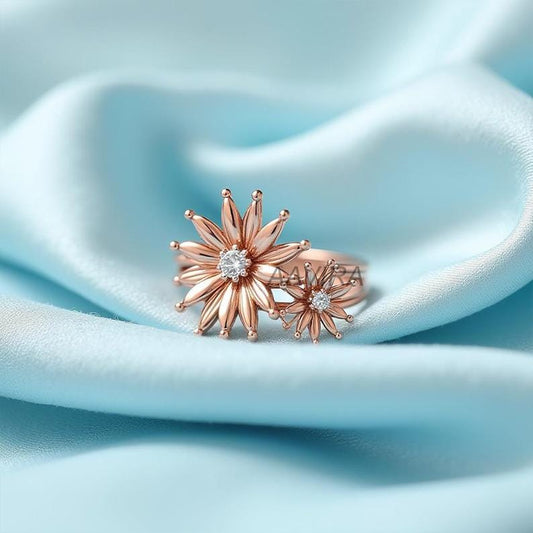 Two Flower Ring, 14K Rose Gold Moissanite Floral Statement Ring, Layered Flower Dainty Ring, Nature Inspired Anniversary Sunflower Ring Gift