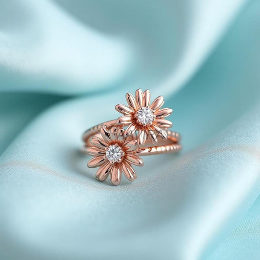 Unique Flower Moissanite Diamond Ring, Double Flower Ring, Moissanite Daisy Ring, Bypass Style Ring, Two Stone Diamond Ring for Her, Gift