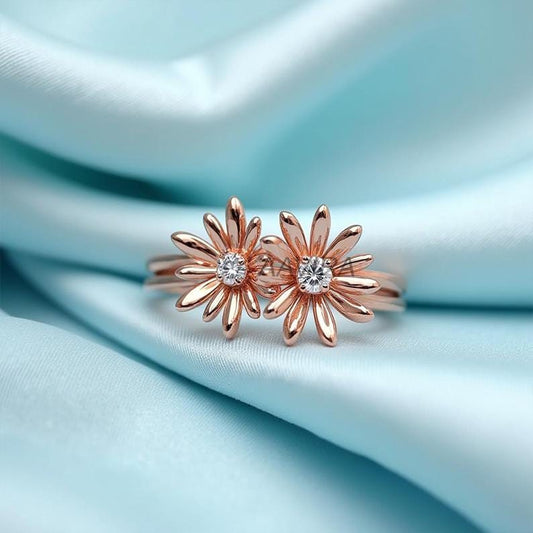 Two Stone Floral Ring, Unique Flower Ring, Moissanite Ring, Nature Inspired Jewelry, Daisy Promise Ring, 14k Rose Gold Women's Diamond Ring
