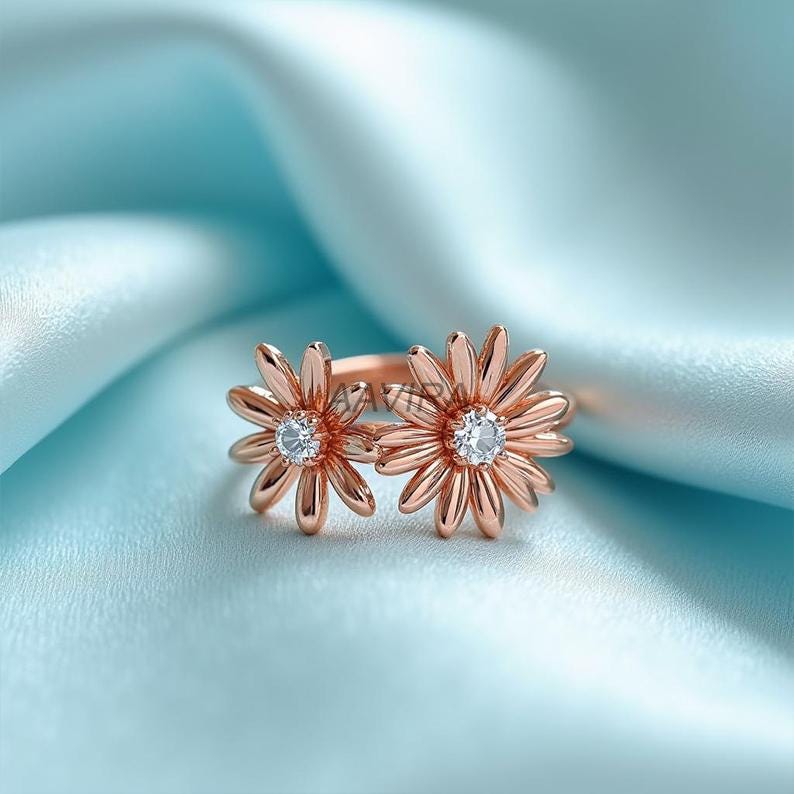 Rose Gold Daisy Bouquet Ring, Moissanite Two-Stone Floral Ring, Delicate Open Band, Botanical Wedding Ring, Sparkle-Shine Ring Gift for Her