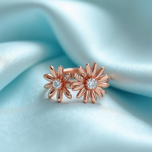 Rose Gold Daisy Bouquet Ring, Moissanite Two-Stone Floral Ring, Delicate Open Band, Botanical Wedding Ring, Sparkle-Shine Ring Gift for Her