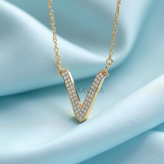 14K Gold Initial V Necklace, Dainty Pave Letter Pendant, Personalized Jewelry, Custom Alphabet Necklace, Cubic Zirconia Gift for Her, Wife