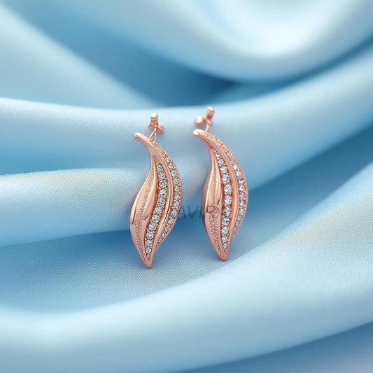 Minimalist Leaf Earring, Nature Inspired Earrings, 14k Rose Gold Earrings, Pave Set Leaf Studs, Everyday Wear Jewelry, Bridesmaid Gift
