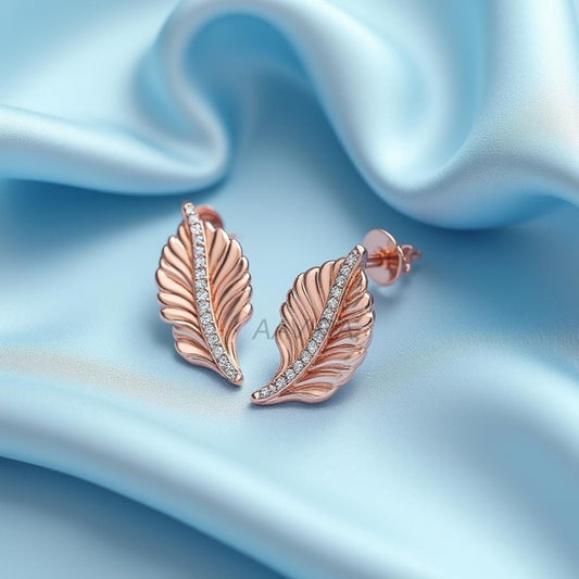 Unique Leaf Stud Earrings, Pave Set Nature Inspired Diamond Earrings, Leaf Studs, 14k Rose Gold Earrings, Bridesmaid Gift, Everyday Jewelry